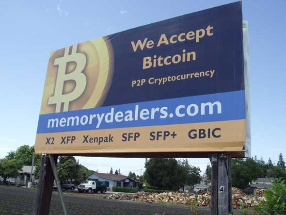 Memory Dealers billboard in Santa Clara, CA advertising Bitcoin in 2011. 
